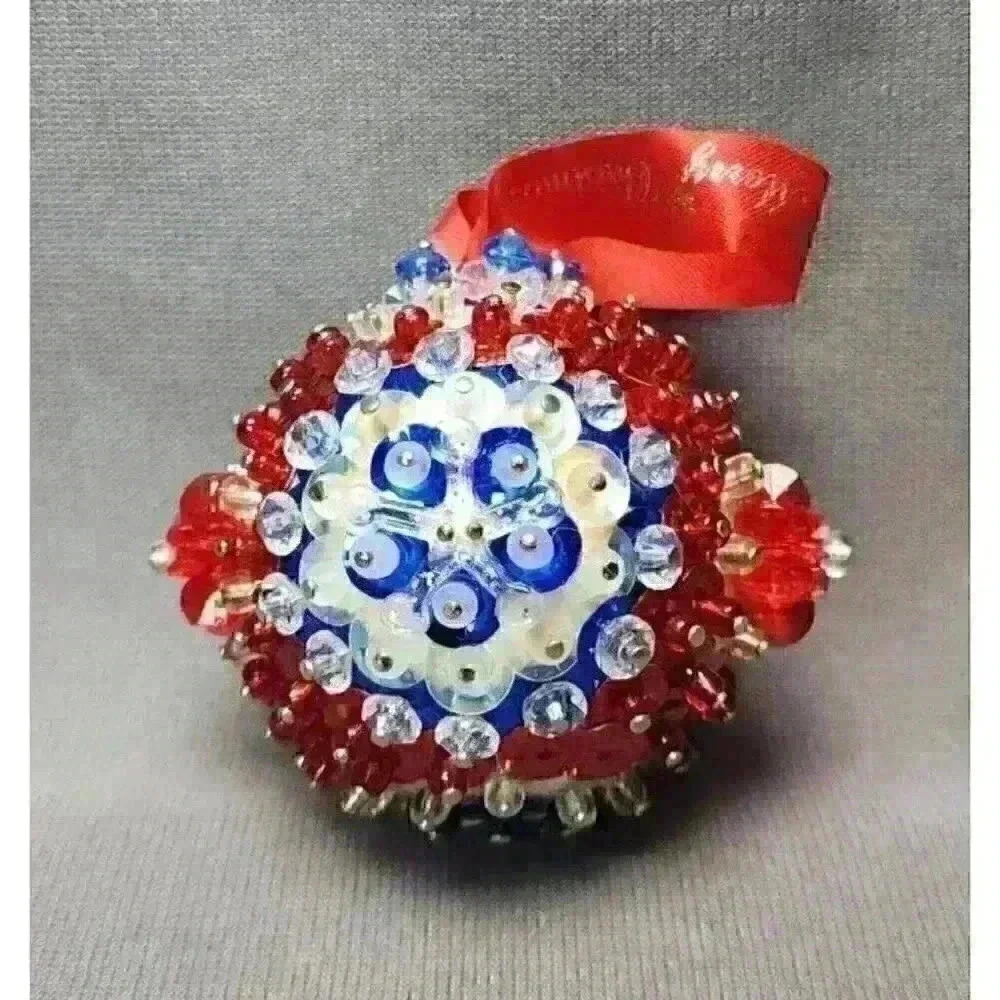 Patriotic America Push Pin Christmas Ornament 2.5" Beaded Red White Blue Sequins